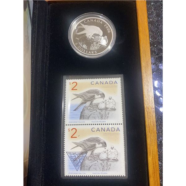 2006 Canada $5 Peregrine Falcon Silver Proof Coin With $2 Stamps Set