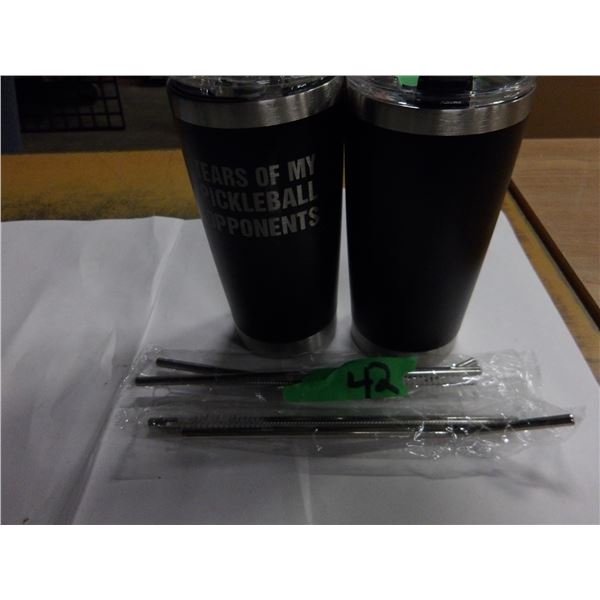 SHELF PULLS (AS IS):  2 COFFEE MUGS C/W STRAW & BRUSH