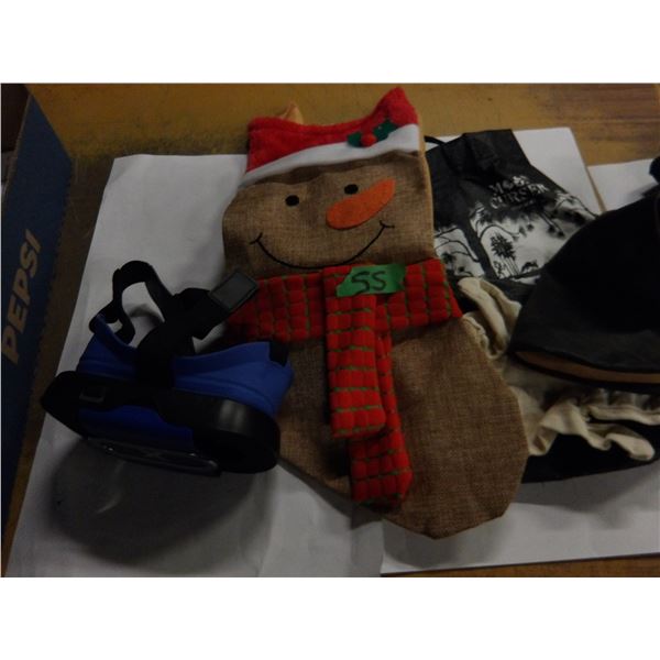 UNCLAIMED STORAGE:  BOX C/W SLIPPERS, GOGGLES, VACUUM BAGS, TIE DOWN, ETC