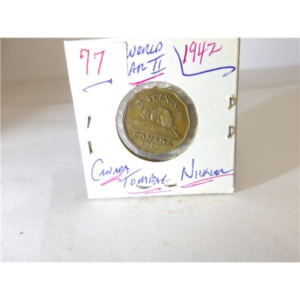1942 CANADA WORLD WAR II TOMBAC BEAVER NICKEL
