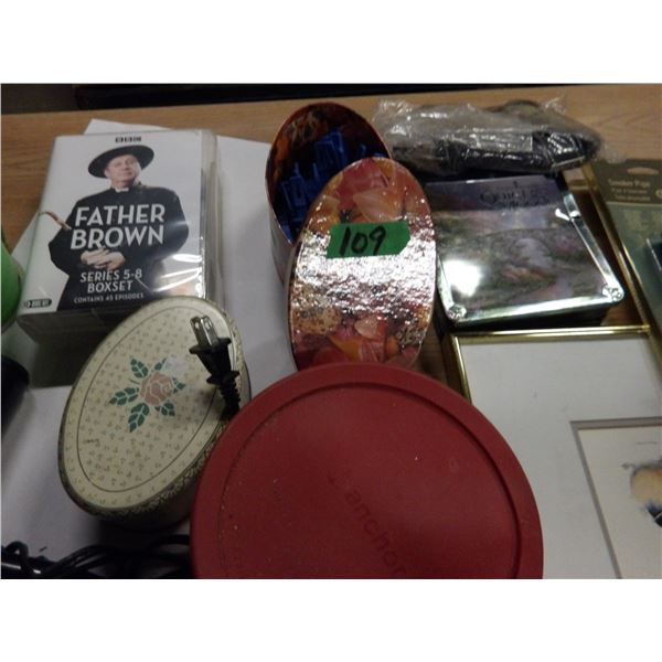ESTATE:  BOX C/W SMOKERS PIPE, PICTURES, HAIR DRYER, TINS, FATHER BROWN MOVIE, ETC