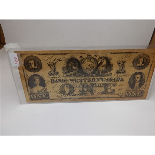 1859 ELIMINATED BANK OF WESTERN CANADA $1 BANK NOTE