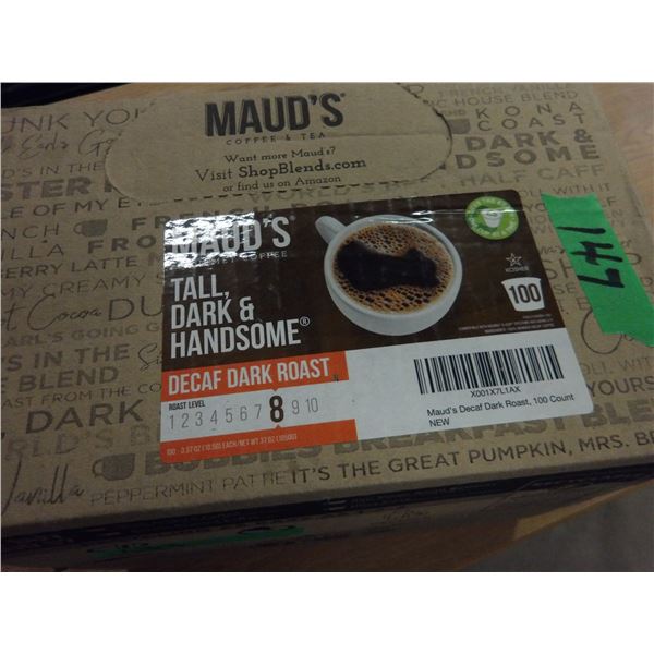 SHELF PULLS (AS IS):  MAUDS 100 PODS DECAF DARK ROAST COFFEE (K-CUPS) - BOX