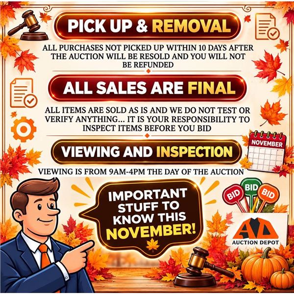 Auction Depot Pickup, Removal, Final Sales Info