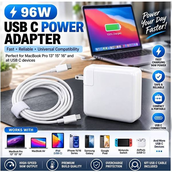 96W USB-C Power Adapter with 6ft USB-C Cable - for Macbook
