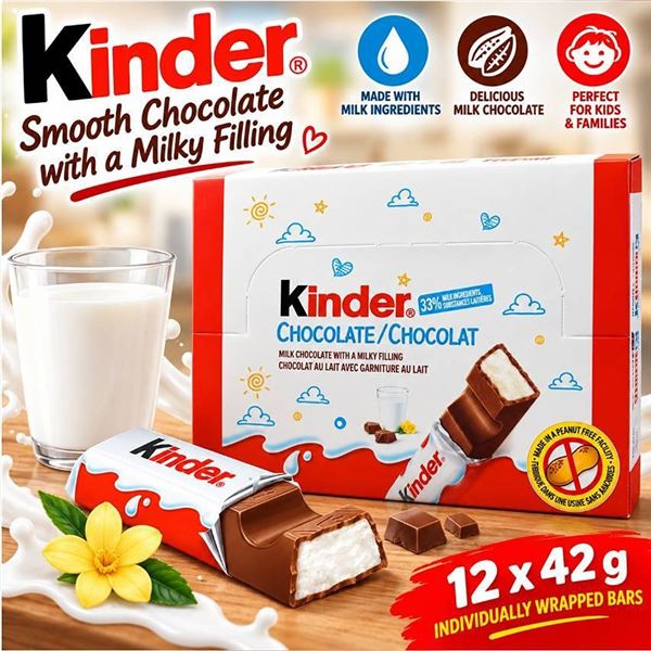 Kinder Chocolate 12 Pack 42g Bars, Milk Filling