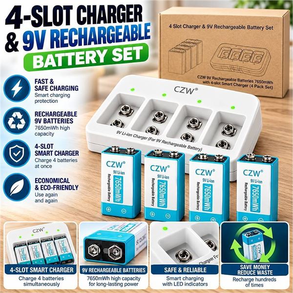 4 Slot 9V Battery Charger with Batteries
