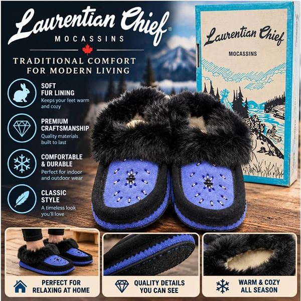 Laurentian Chief Royal Blue Beaded Fur Moccasins