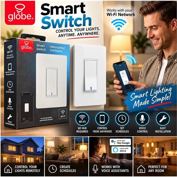 Lot of 2 Globe Wi-Fi Smart Light Switches, No Hub required