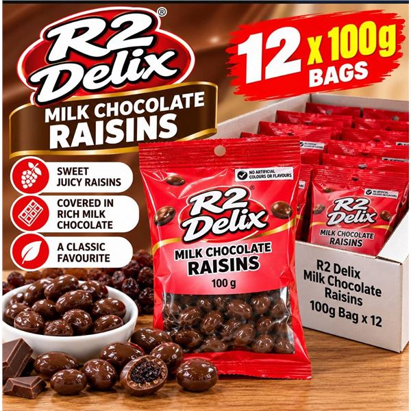 RR Delix Milk Chocolate Raisins 100g Bag x 12