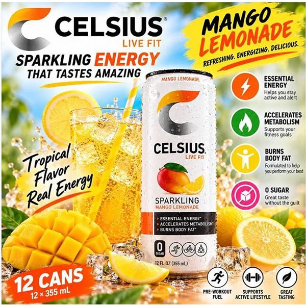 Celsius Sparkling Mango Lemonade 12 Cans x 355ml