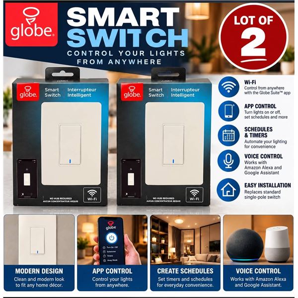 Lot of 2 Globe Wi-Fi Smart Switches No Hub Required