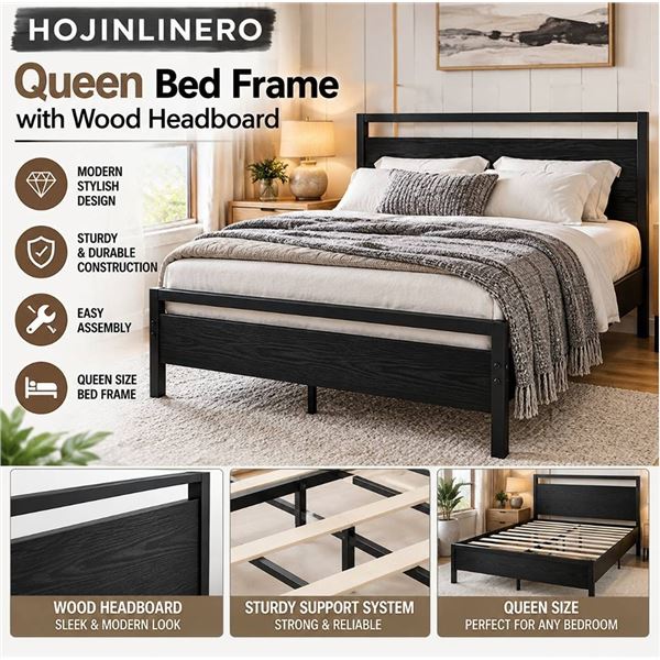 HOJINLINERO Queen Bed Frame with Wood Headboard,Black Bed Frame Queen Size