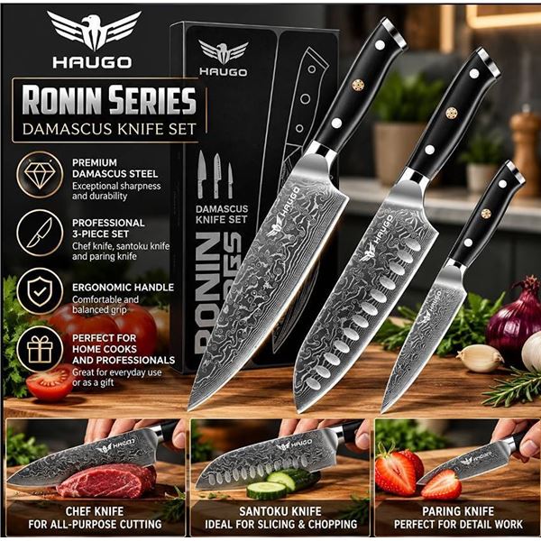 Haugo Ronin Series Damascus Knife Set