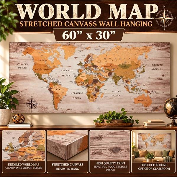Wood World Map Wall Art 66" x 30"