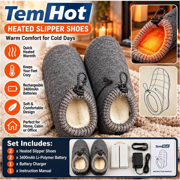 TemHot Heated Slipper Shoes Grey Polyester