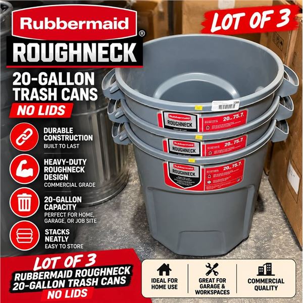 Lot of 3 Rubbermaid Roughneck 20-Gallon Trash Cans- no lids
