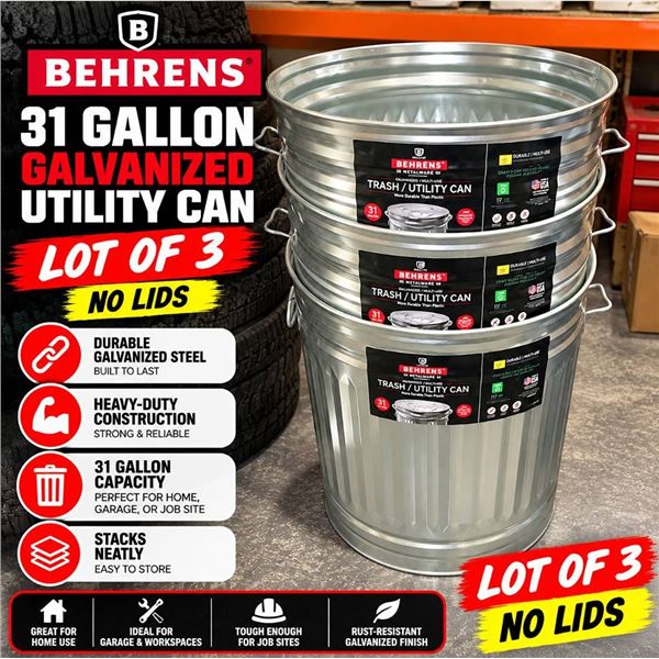 Lot of 3 -Behrens 31 Gallon Galvanized Utility Can - no lids