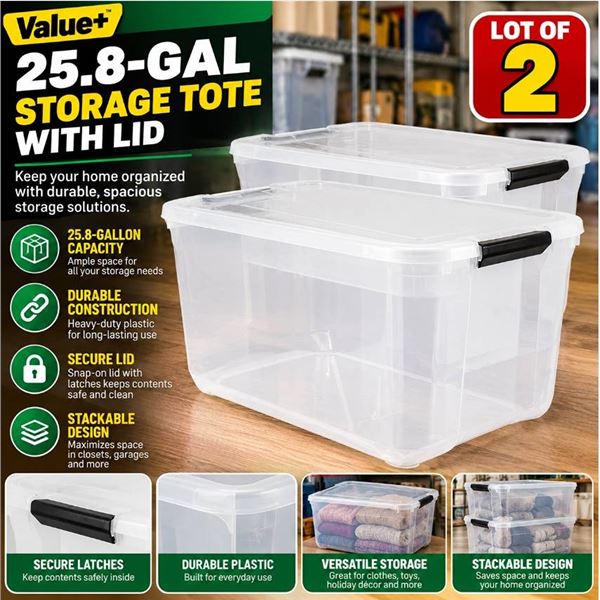 Lot of 2 - Valu+ 25.8-Gal Storage Tote With Lid