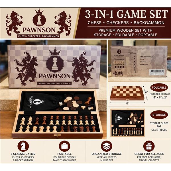Pawnson 12" Wooden Chess and Checkers Set Foldable