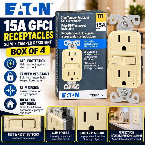 Eaton 15A GFCI Receptacles Ivory Box of 4