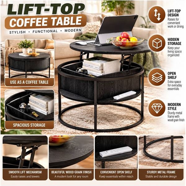 Hojinlinero Round Lift Top Coffee Table Black