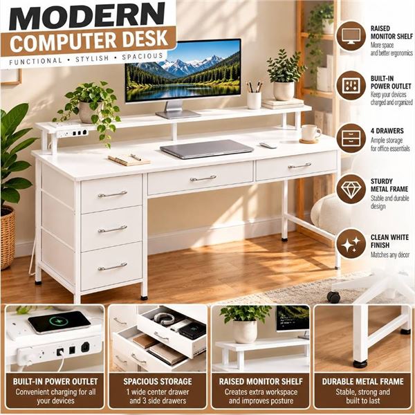 White Computer Desk with Drawers and Power Outlet