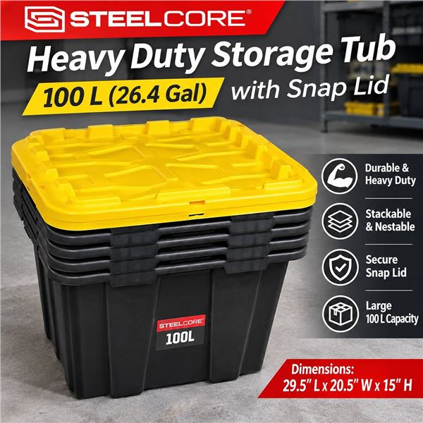 SteelCore 100L Heavy Duty Storage Tub 3 Lids And 4 Bins