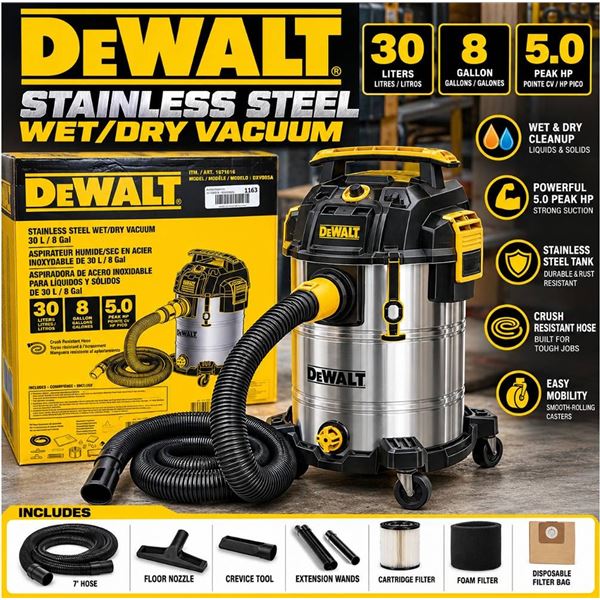 DeWalt 30L 8 Gal Wet Dry Vacuum Stainless Steel