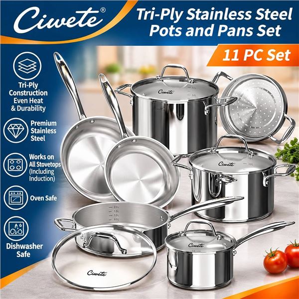Ciwete Tri-Ply Stainless Steel Pots and Pans Set 11 PC