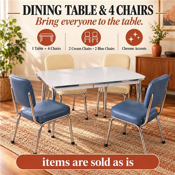 Retro 4 Piece Chrome Dinette Set Table Four Chairs