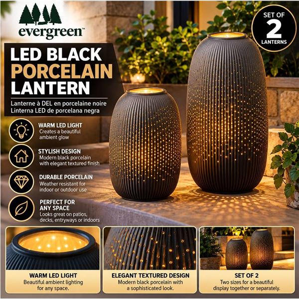 LED Black Porcelain Lantern Set of 2