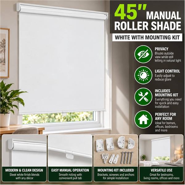 45" Manual Roller Shade White With Mounting Kit
