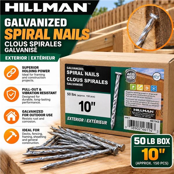50lb Box 10" Galvanized Spiral Nails Hillman