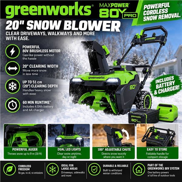 Greenworks 80V Pro 20" Snow Blower New