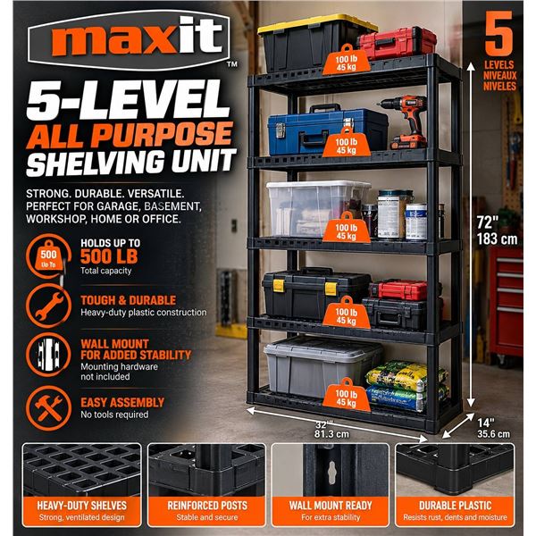 Maxit 5-Level Plastic Shelving Unit, 500 lb Cap