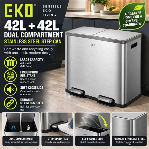 EKO 42L+42L Dual Compartment Stainless Steel Step Can