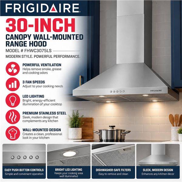 Frigidaire 30-inch Stainless Canopy Wall-Mounted Hood in Stainless Steel Model # FHWC3075LS