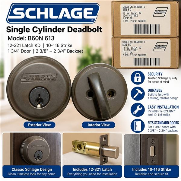 Lot of 2 - Schlage Single Cylinder Deadbolt Lock B60N 613