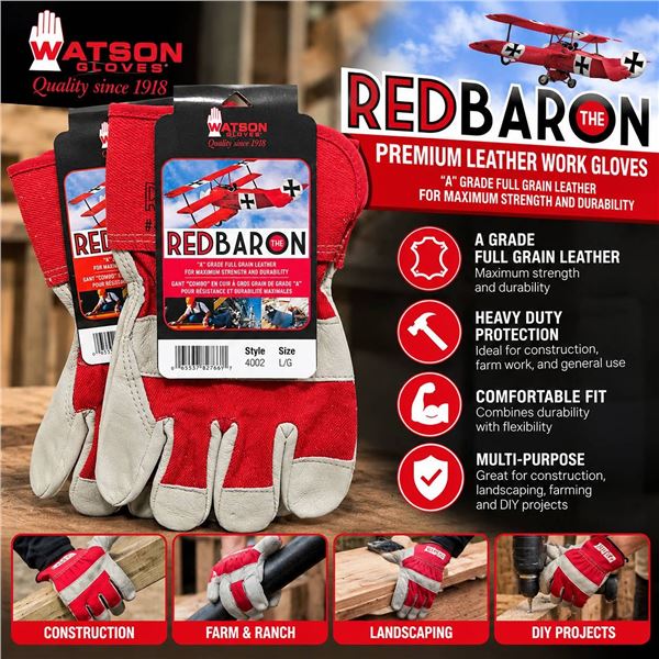 Watson Red Baron Leather Gloves, 2 Pairs, L/G