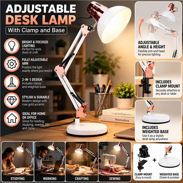 Adjustable Desk Lamp With Clamp and Base
