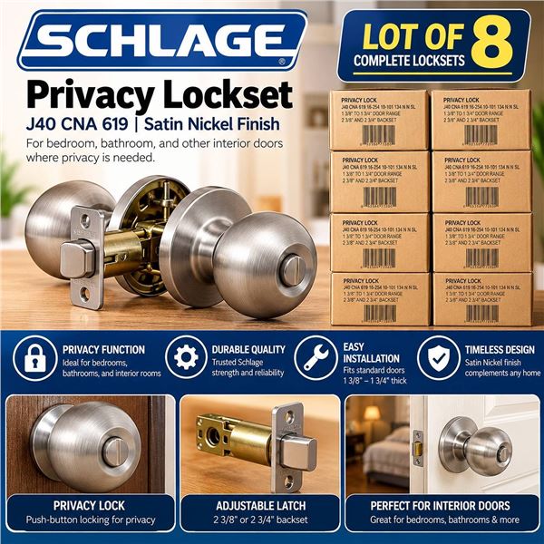 Lot of 8 Schlage Privacy Locksets Satin Nickel