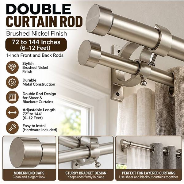 Lwiiom Brushed Nickel Double Curtain Rod