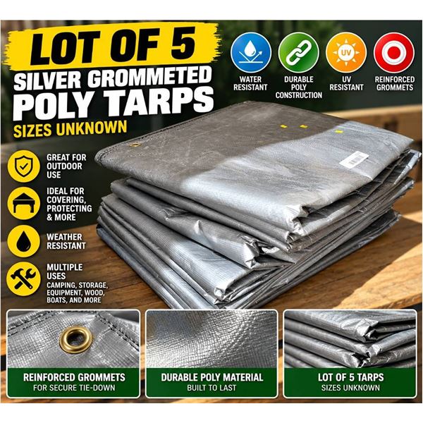 Lot of 5 Silver Grommeted Poly Tarps Sizes unknown