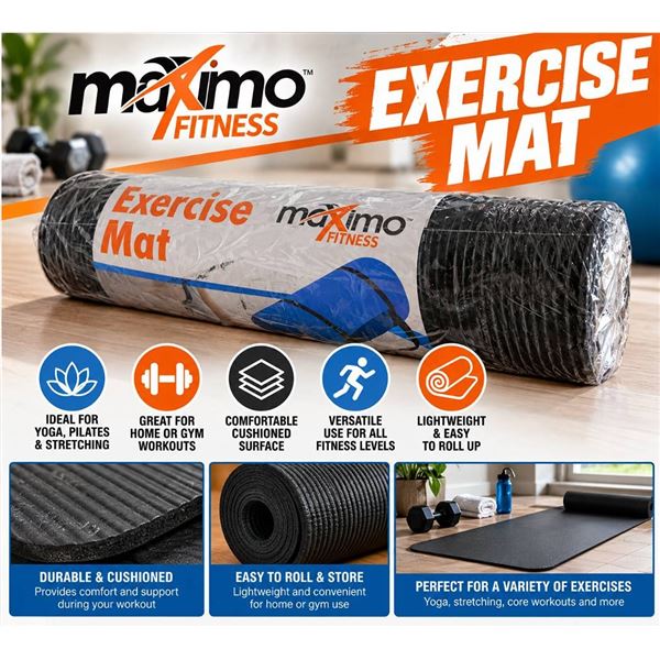 Maximo Fitness Exercise Yoga Mat 1/2 Inch Black