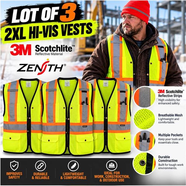 Lot of 3 - 2XL Hi-Vis Vests 3M Scotchlite & Zenith Touque Orange