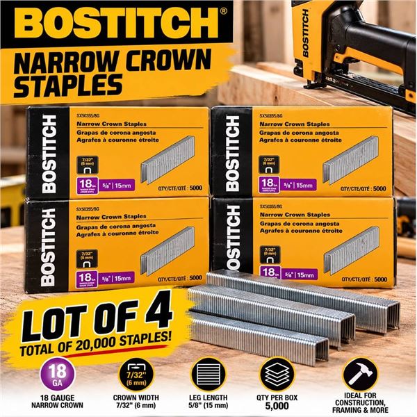 Bostitch Narrow Crown Staples 18GA 15mm, 4 Boxes