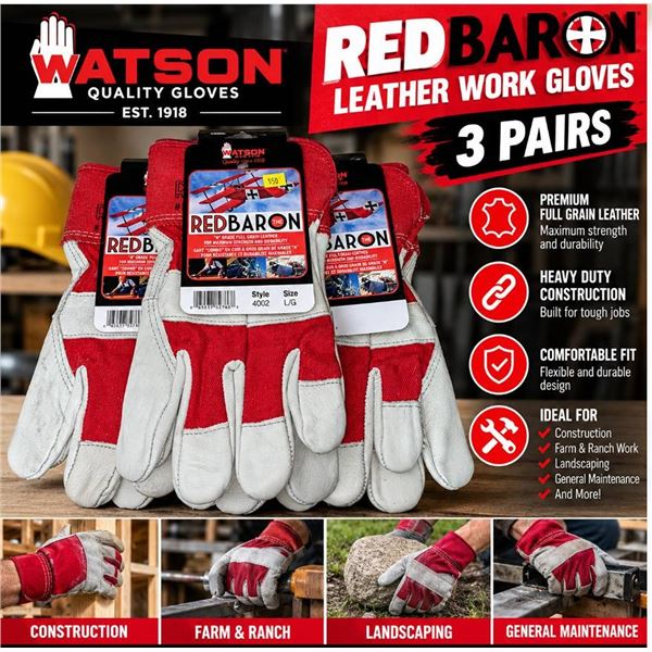 Watson Red Baron Leather Work Gloves, 3 Pairs