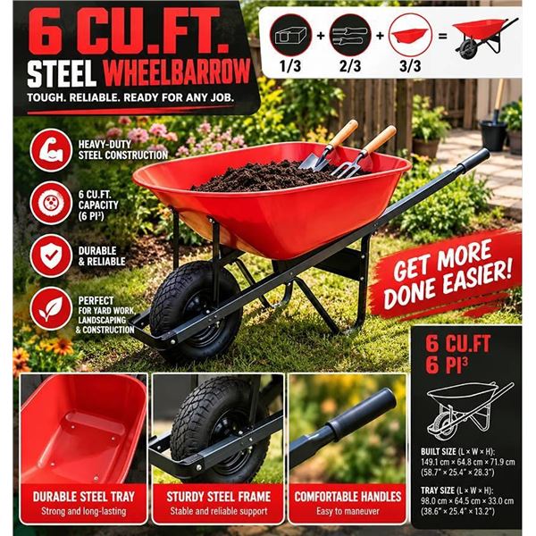 Steel Wheelbarrow 6 Cu Ft Red Tray Kit