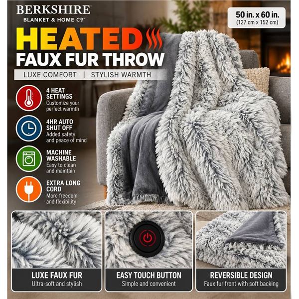 Berkshire Heated Faux Fur Throw 50x60in Grey
